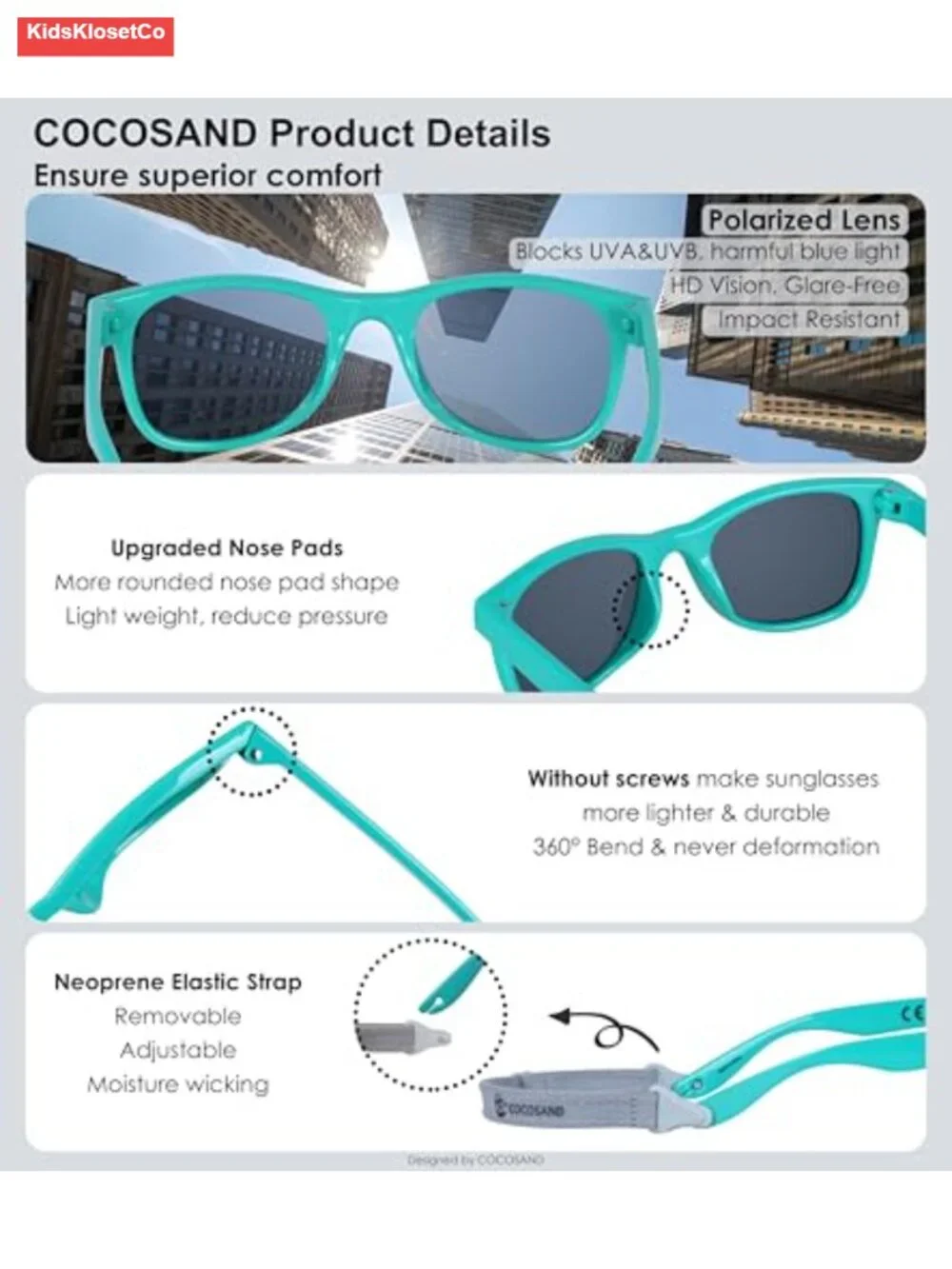Kids Polarized Sunglasses with Strap Flexible Frame Soft Silicone Nose Pads